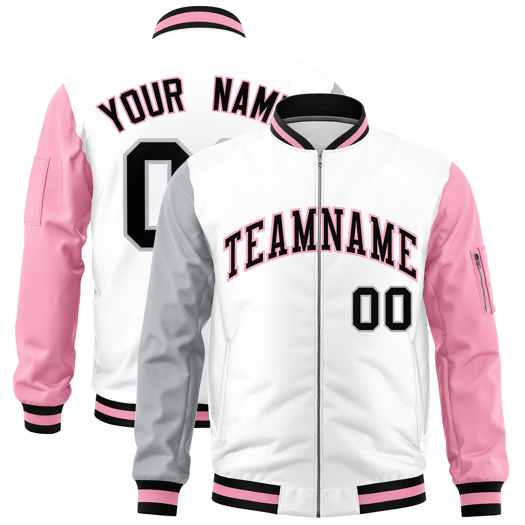 Custom White Silver Light Pink Varsity Full-Zip Raglan Sleeves Letterman Bomber Jacket