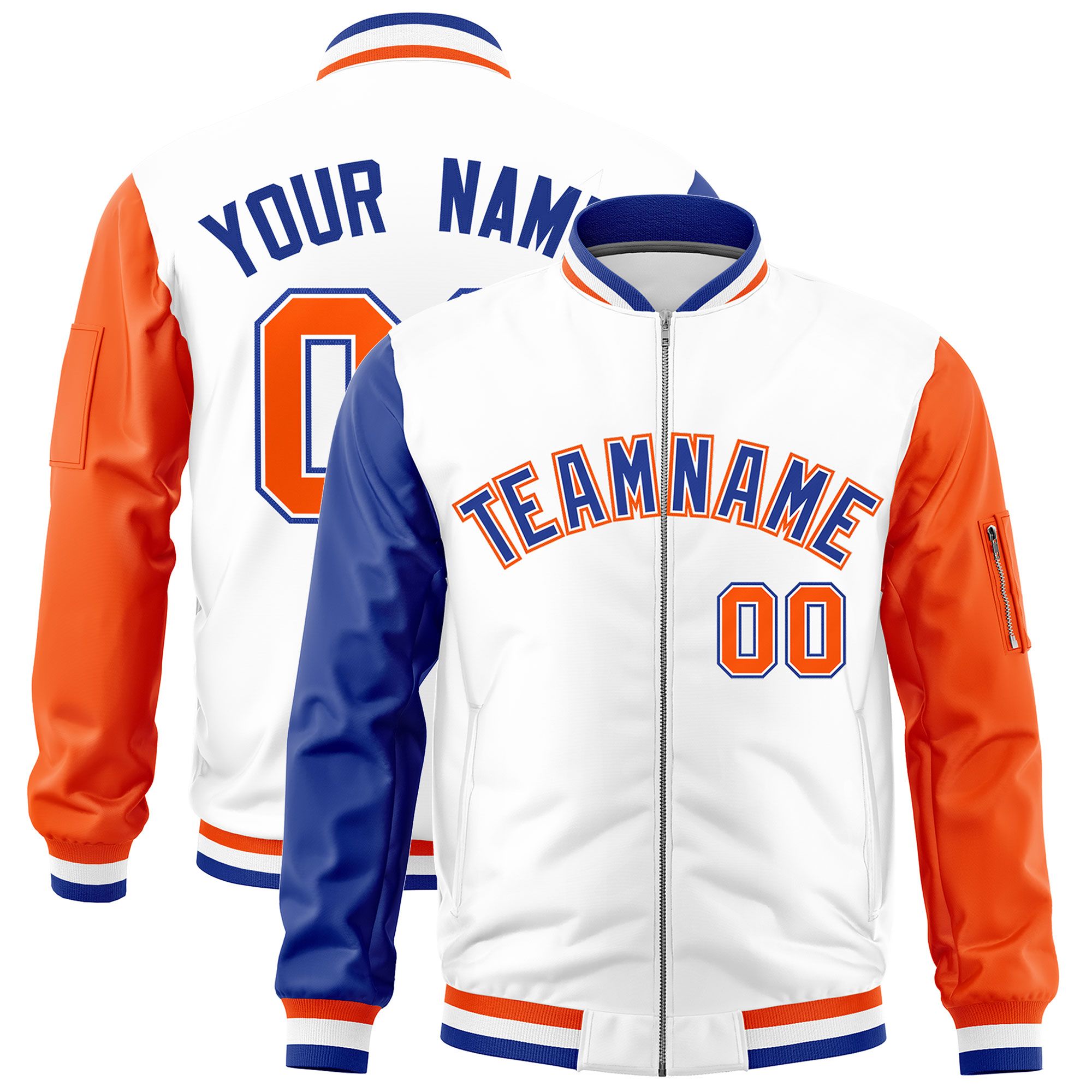 Custom White Royal Orange Varsity Full-Zip Raglan Sleeves Letterman Bomber Jacket