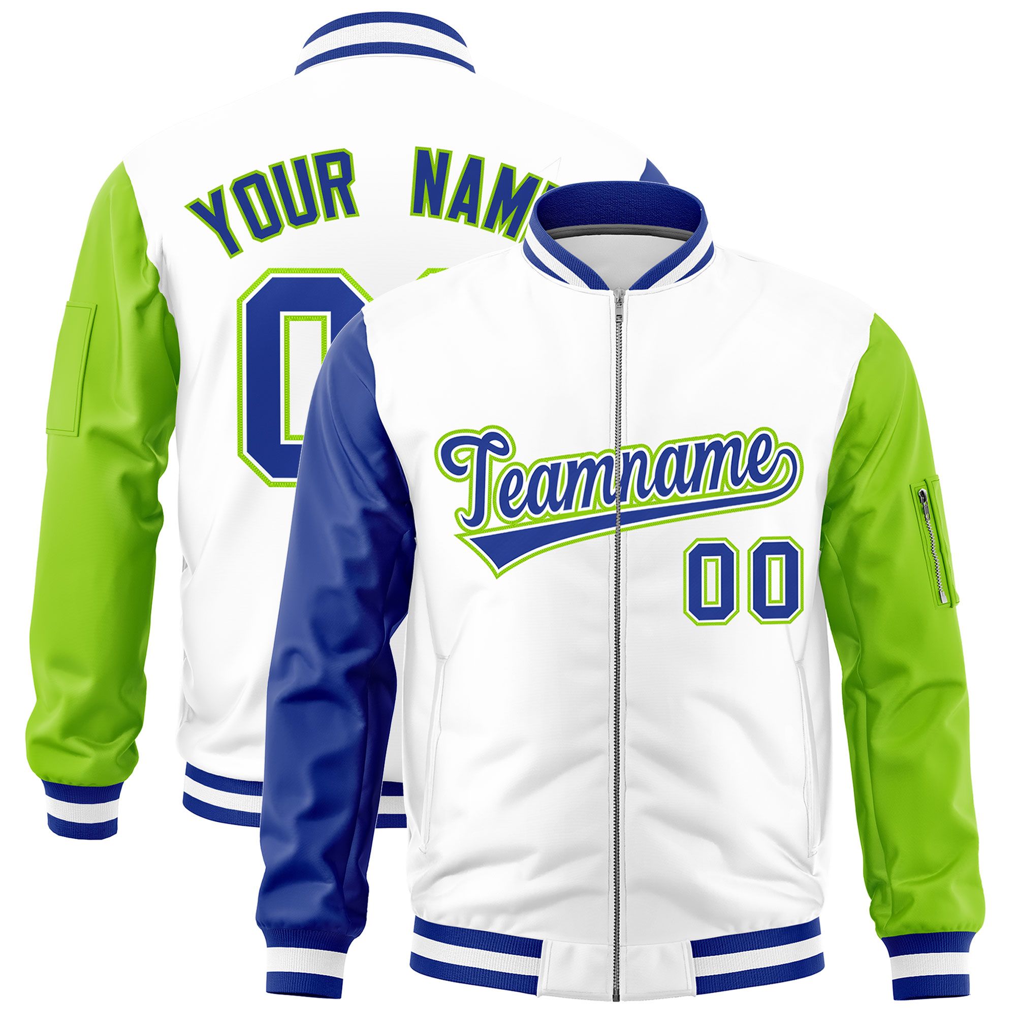Custom White Royal Neon Green Varsity Full-Zip Raglan Sleeves Letterman Bomber Jacket